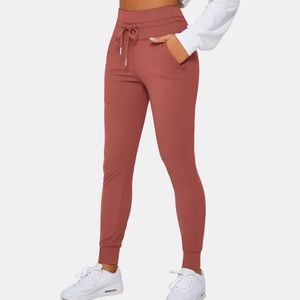 High Waisted Drawstring Side Pocket Plain Full Length Joggers - Brick Orange
